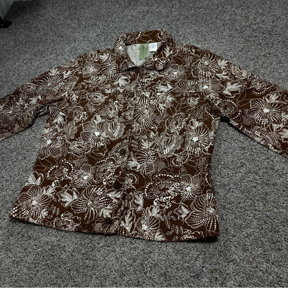 Brown Floral Print Linen Button-Up Light Jacket Size M